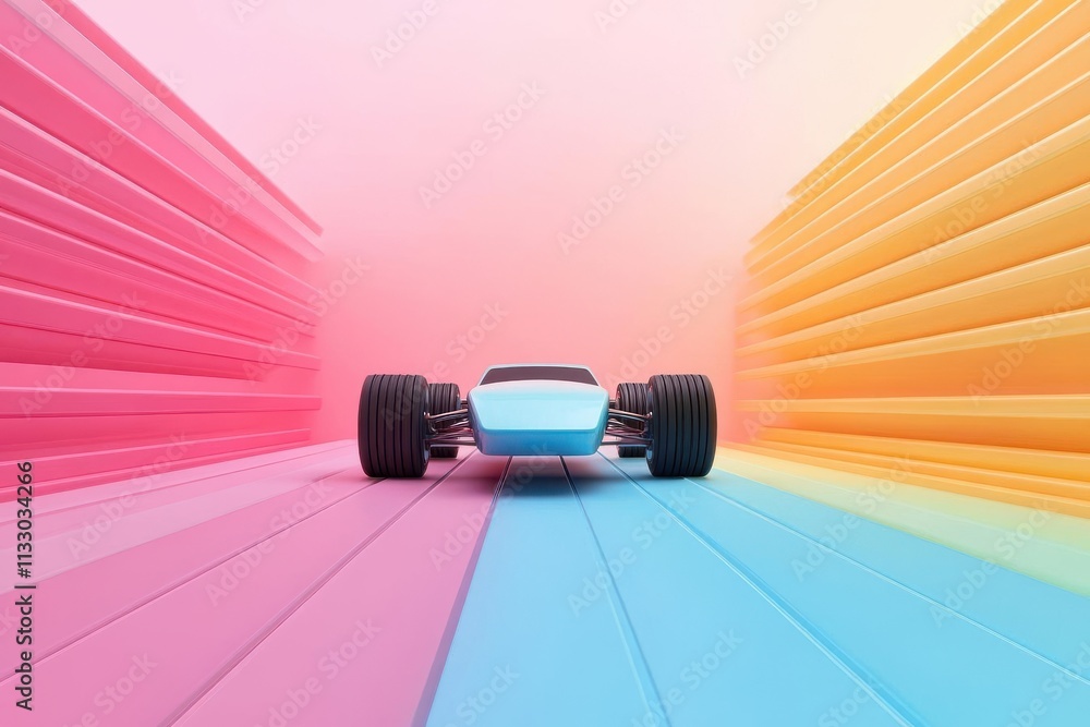 Poster a colorful, stylized vehicle is positioned on a vibrant, gradient background, creating a dynamic and