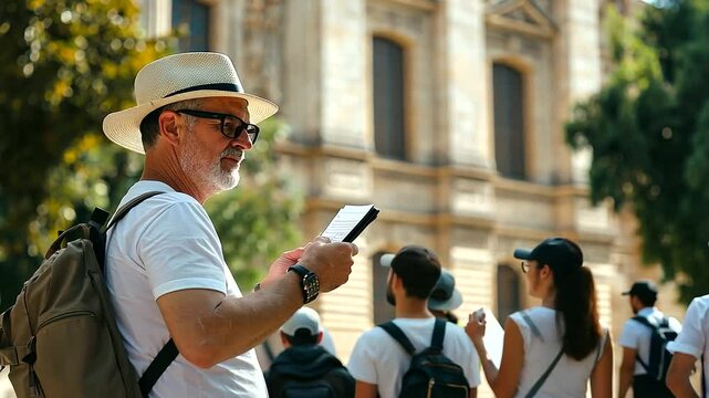 Guide Explaining Architectural Details to Tourists by Historic Building