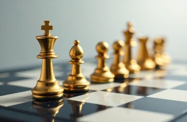 playing chess, decision-making, strategic thinking, ancient table game. chessboard with golden king piece leading formation of pawns.