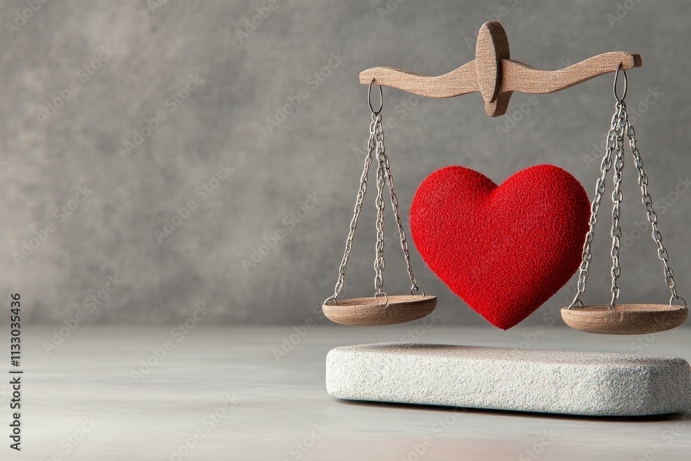 Poster A minimalist depiction of a heart with a scale inside it, representing ethical values in clean monochrome