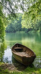 Vintage retro fishing boat gently floating on a green river.