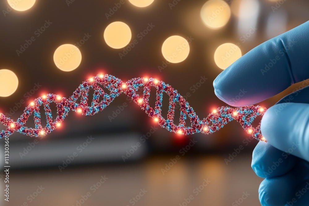 Poster A modern laboratory with scientists examining 3D holograms of DNA strands evolving over time