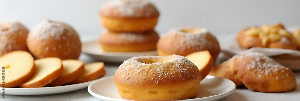 Poster bakery items including cakes sit on a table with a simple background, possibly as part of a breakfas