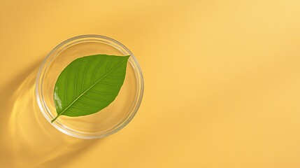 vibrant green leaf floating on still water in minimalistic glass bowl golden light enhances its details clean neutral