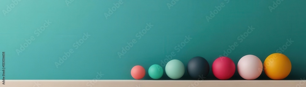 Poster colorful spheres arranged on a shelf against a teal background, creating a visually appealing and mi