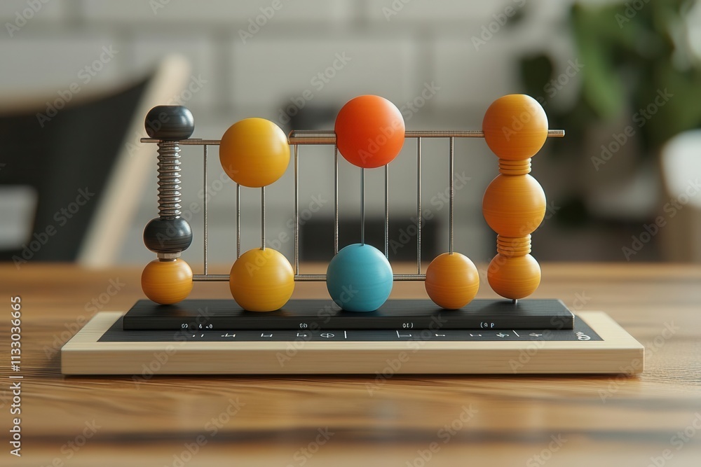 Poster a colorful abacus with various beads displayed on a wooden surface, serving as a classic educational