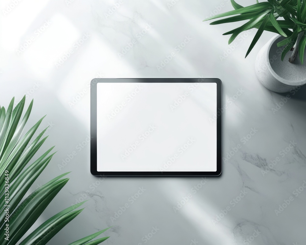 Poster sleek tablet presentation on clean background. modern digital device with blank screen. top view of 