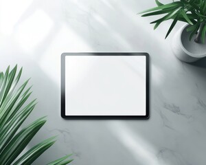 Sleek Tablet Presentation on Clean Background. Modern Digital Device with Blank Screen. Top View of Minimalist Tablet Mockup. Ideal for Creative Template.