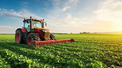 Modern red tractor working in green crop field under bright blue sky with clouds and rising sun