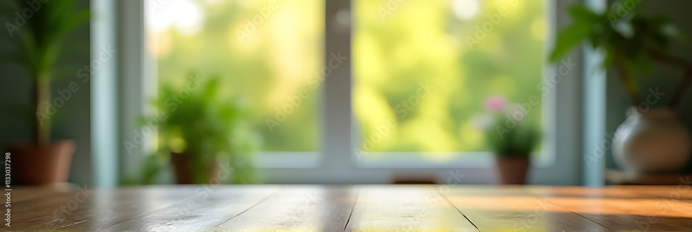 Poster an empty wooden tabletop is reflected in a blurred green garden scene from the kitchen window in the
