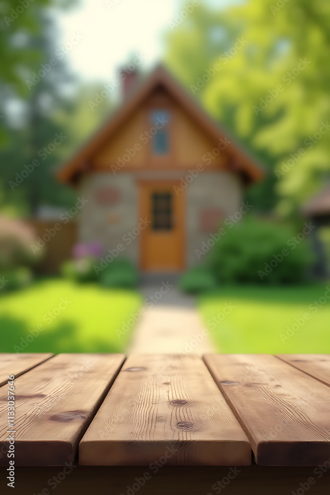 Poster an empty wooden table top in a blurred abstract garden scene behind a cozy house is partially select