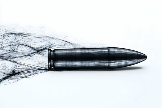 A stark, dark trail of a bullet, with the bullet clearly isolated on a clean white background, highlighting its precision.