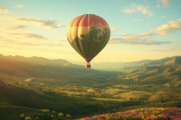 vibrant hot air balloon shaped like giant globe floating over scenic valley surrounded by colorful wildflowers and