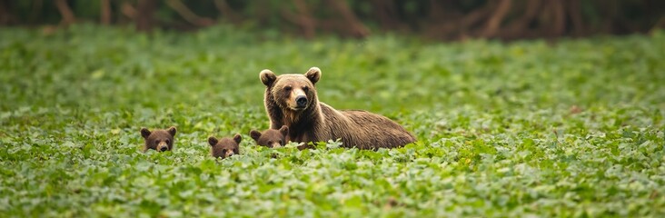 Brown bear with cubs in a grassy meadow. AI generated illustration.