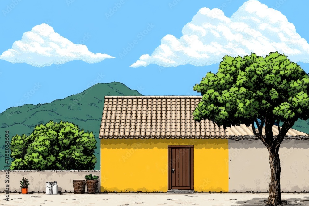 Poster a pixel art scene of a small village implementing ethical practices, with animated characters recycl