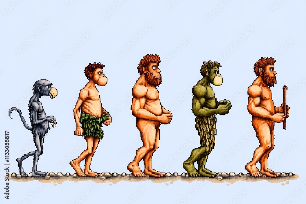 Aufkleber A pixel art timeline of evolution, with small animated creatures transitioning into humans in a retro video game style