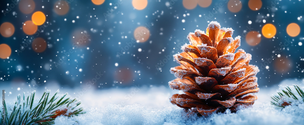 Poster pine cone resting on snow with winter background. snow gently falls around a pine cone resting on a 