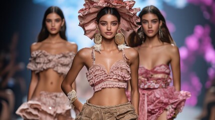 Obraz premium Models showcase contemporary designs in rich mocha tones, exuding confidence and elegance. Their poised strides captivate the audience amidst a backdrop of vivid colors and lights, Mocha Mousse