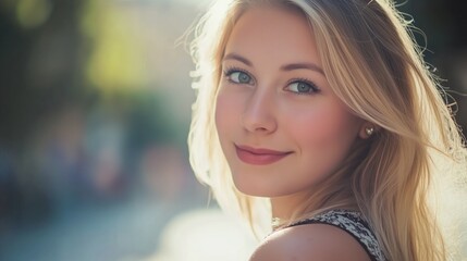 Naklejka premium Blonde woman with long hair and a black and white dress