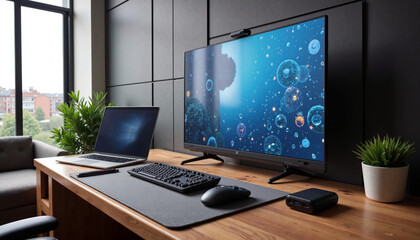 Fototapeta premium Stylish workspace mockup featuring a large screen, laptop, and modern decor with greenery