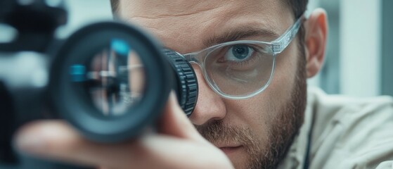 A man with glasses peers intently through a camera lens, capturing the intricate details of the world.