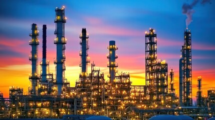 Obraz premium Industrial oil refinery complex at sunset with illuminated structures and tall smokestacks.
