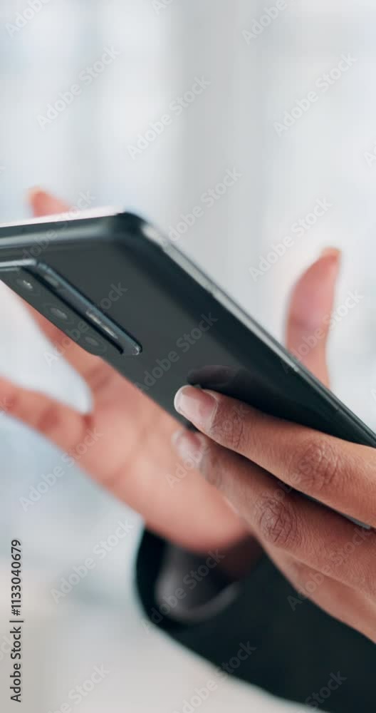 Poster woman, hands and phone in office for business, communication and typing in search engine. closeup, p