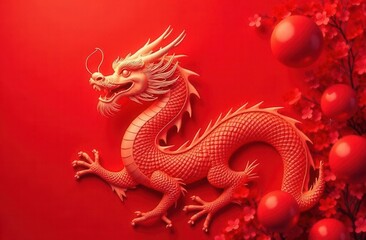 Obraz premium A red dragon is beautifully surrounded by vibrant red flowers