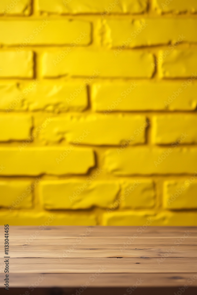 Poster a wooden table with a yellow brick wall provides an ideal background for creating product displays a