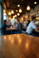 Fototapeta premium A wooden tabletop at a busy cafe with blurry people in the background._00002_