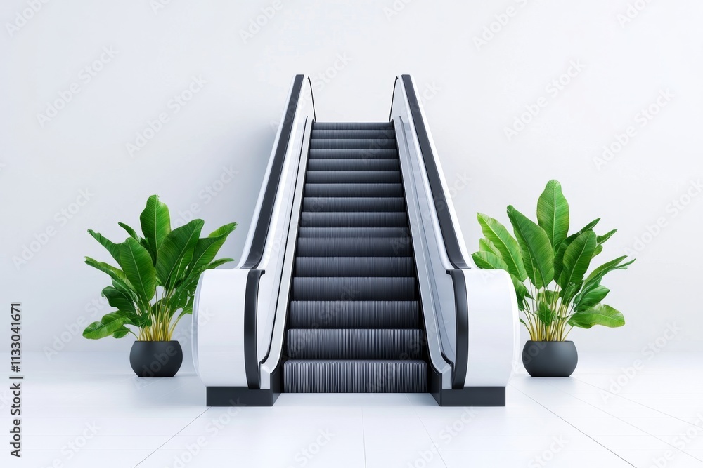 Aufkleber a simple, minimalist graphic of an escalator with smooth lines and clean geometric shapes, emphasizi