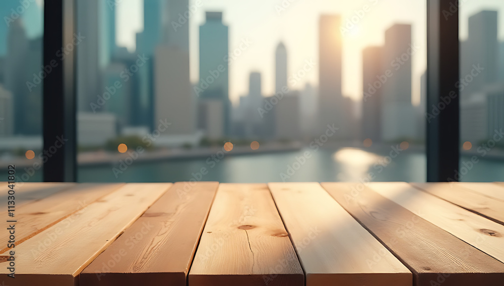 Poster a wooden table top with a blurred cityscape visible in the background creates an interesting visual 