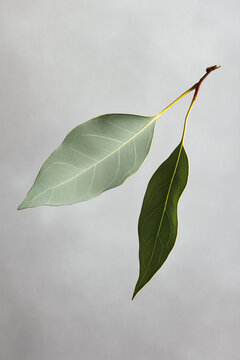 two leaf twig gum leaf or eucalyptus leaves sprig isolated on plain light gray studio background