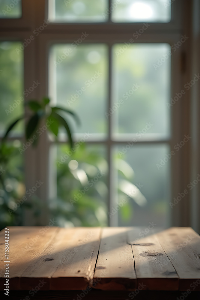 Poster A wooden table sits atop a blurred glass window, creating an interesting contrast of textures and visual styles._00002_
