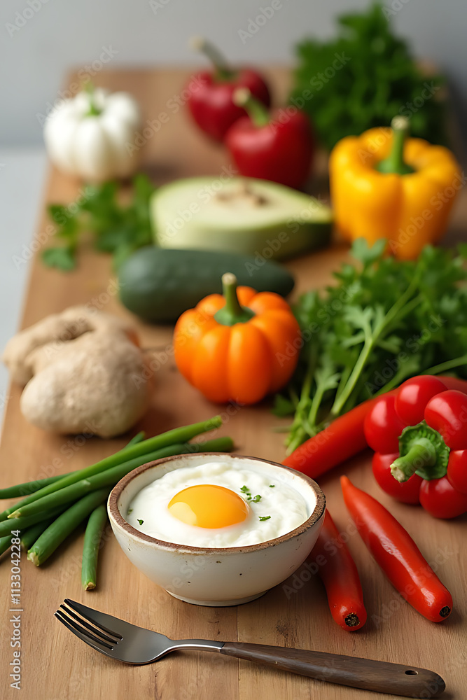 Poster a wooden table set with a variety of vegetables creates a clean and healthy eating atmosphere throug