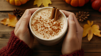 A frothy cinnamon latte in a white mug, surrounded by autumn leaves and cozy ambiance