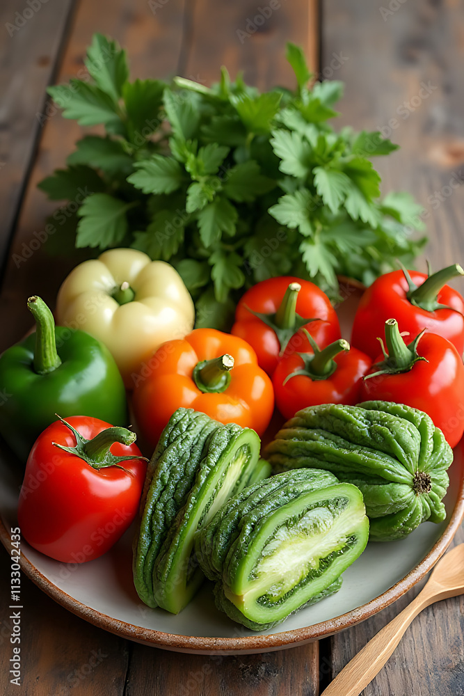 Poster a wooden table set with a variety of vegetables creates a clean and healthy eating atmosphere throug