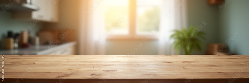 Poster a wooden table is positioned at a counter with a blurred curtain and window visible in the morning l