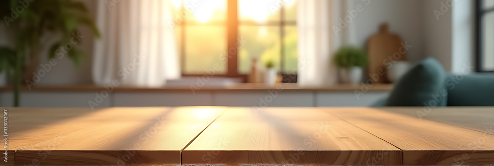 Aufkleber a wooden table is positioned at a counter with a blurred curtain and window visible in the morning l