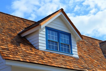 Fototapeta premium Charming Vintage Home with Blue Trim and Cedar Shake Roof Beneath a Bright Sky