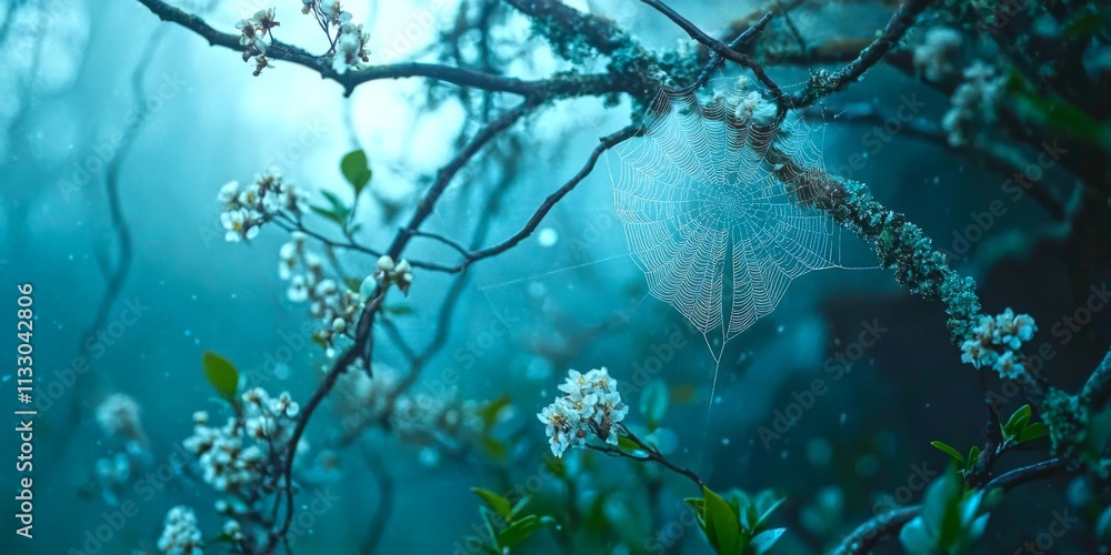 Poster a captivating scene of delicate flowers and intricate branches in a misty forest. the soft lighting 
