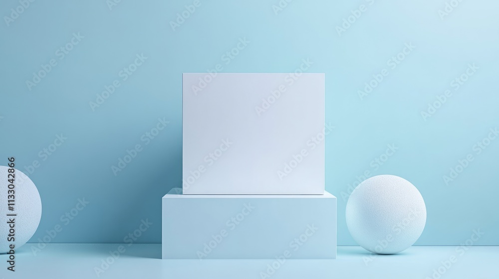 Poster three-dimensional blank card mockup in a minimalist white box surrounded by abstract design elements