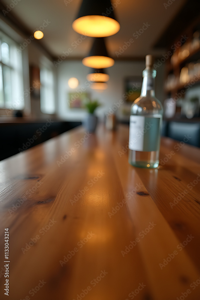 Aufkleber a wooden bar table is empty except for a blurred glass bottle placed in the background of the counte