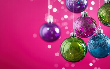 Obraz premium Colorful glass ornaments in green, purple, and blue, floating mid-air with sparkling details, on a hot pink background