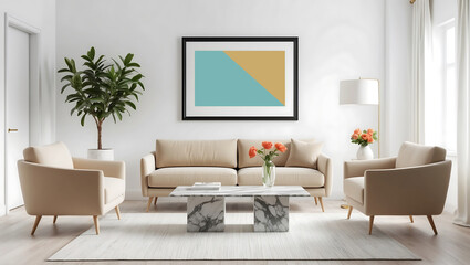 Fototapeta premium Frame mockup in farmhouse living room design. Modern loft in white interior space. Bright living room design, poster mockup in Scandinavian room interior. 3d illustration