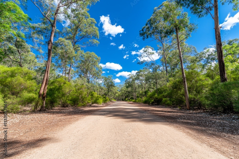 Poster a trail through a eucalyptus forest, with light filtering through the dense canopy