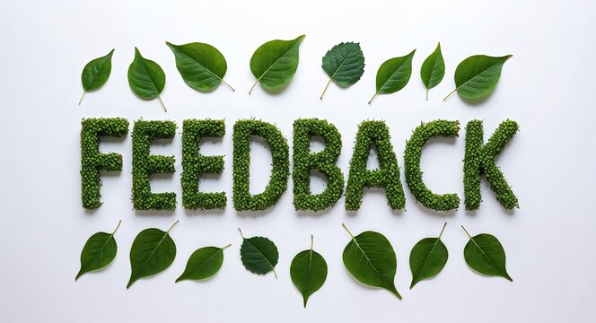 feedback lettering made of green leaves nature concept on plain white background