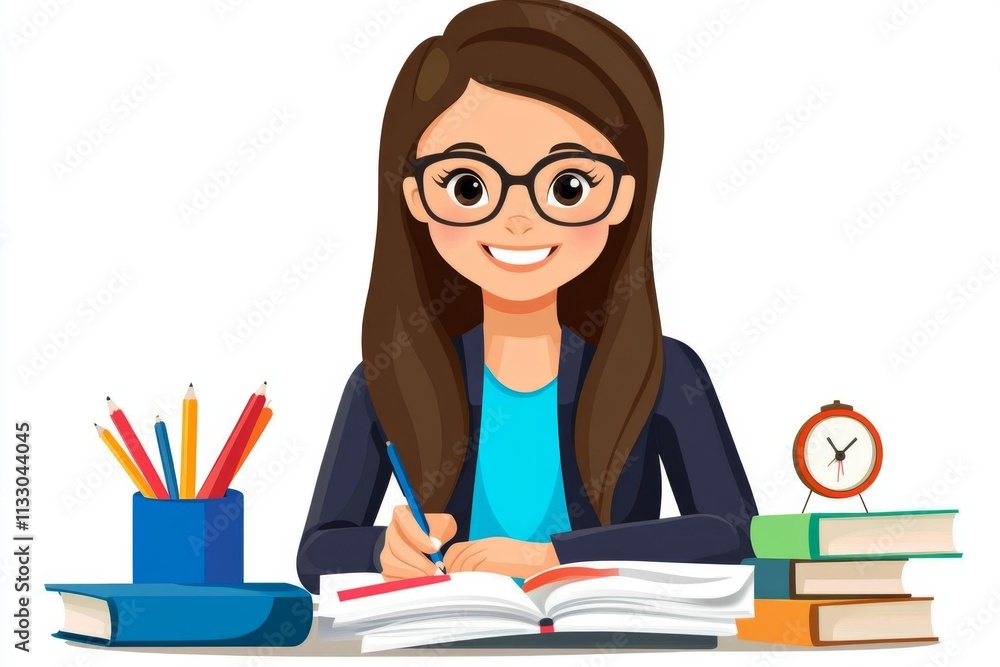Poster a vibrant 2d drawing of a teacher reviewing student assignments, with neat piles of papers and cheer