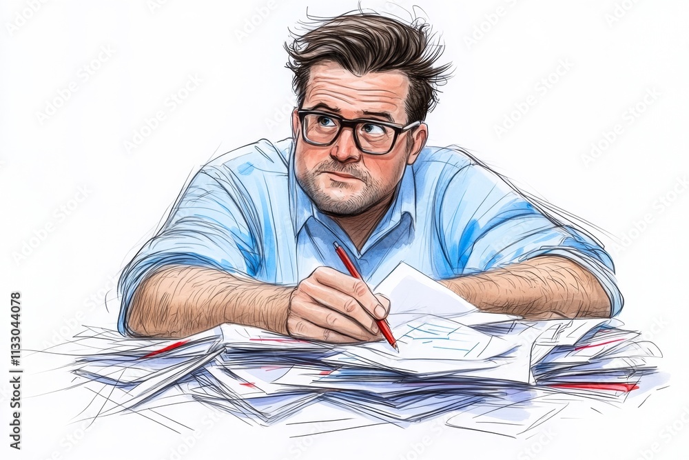 Poster a vibrant 2d drawing of a teacher reviewing student assignments, with neat piles of papers and cheer