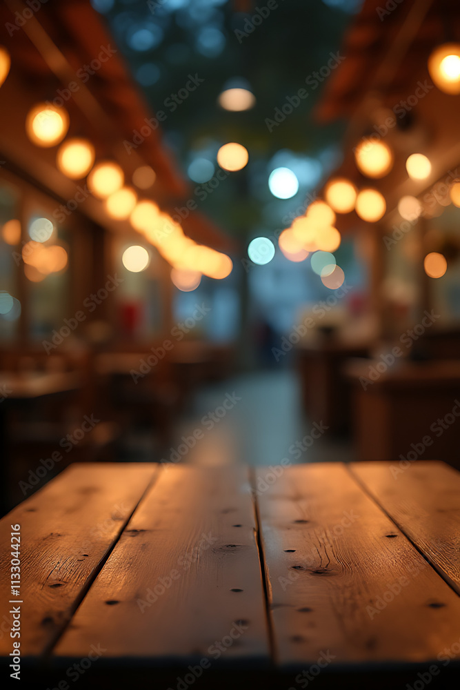 Poster a wood table top is featured in a blur cafe at night with selective focus and a bright light backgro